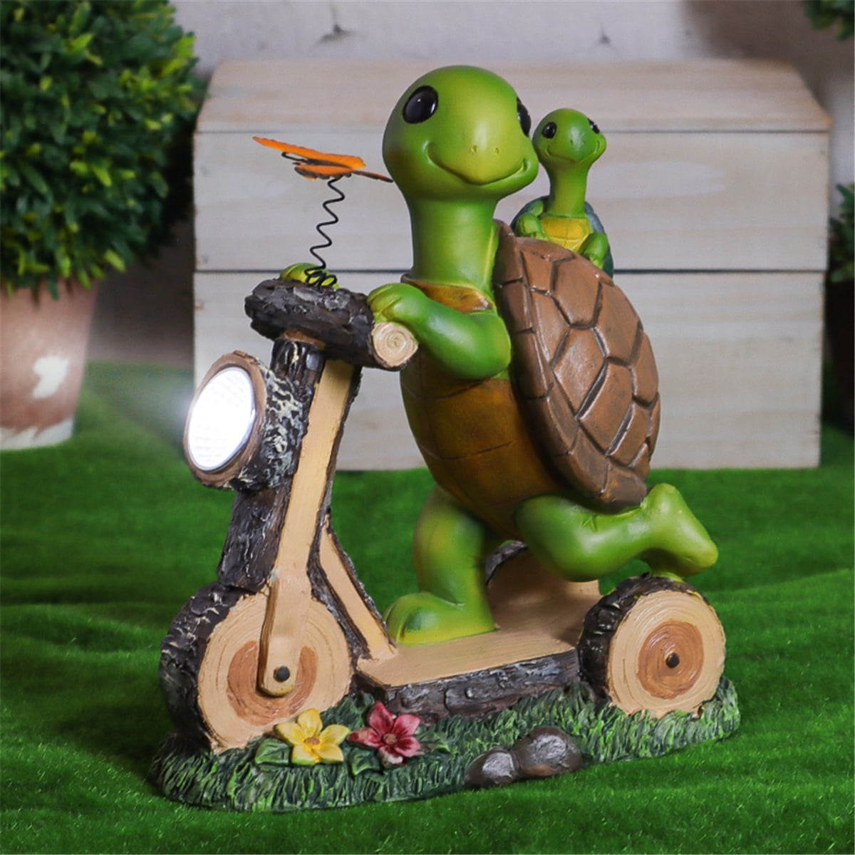 Solar Garden Statue Turtle Figurine, Turtle Riding Scooter Animal