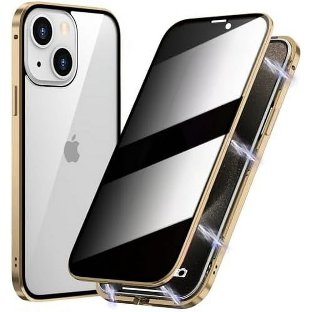 KOMI Magnetic Privacy Case for iPhone 16 Plus, Anti peep Magnetic Adsorption Double Side Tempered Glass Full Body Case Privacy Screen Protector Metal Titanium Frame Clear Back Phone Case Cover Gold
