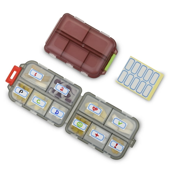 2 Pack Travel Portable Pill Organizer, Pocket Size, With 10 Compartments, 10 Sticky Notes, Small Fold Pill Boxes of Two Colors. Perfect for Travel or Home Use.