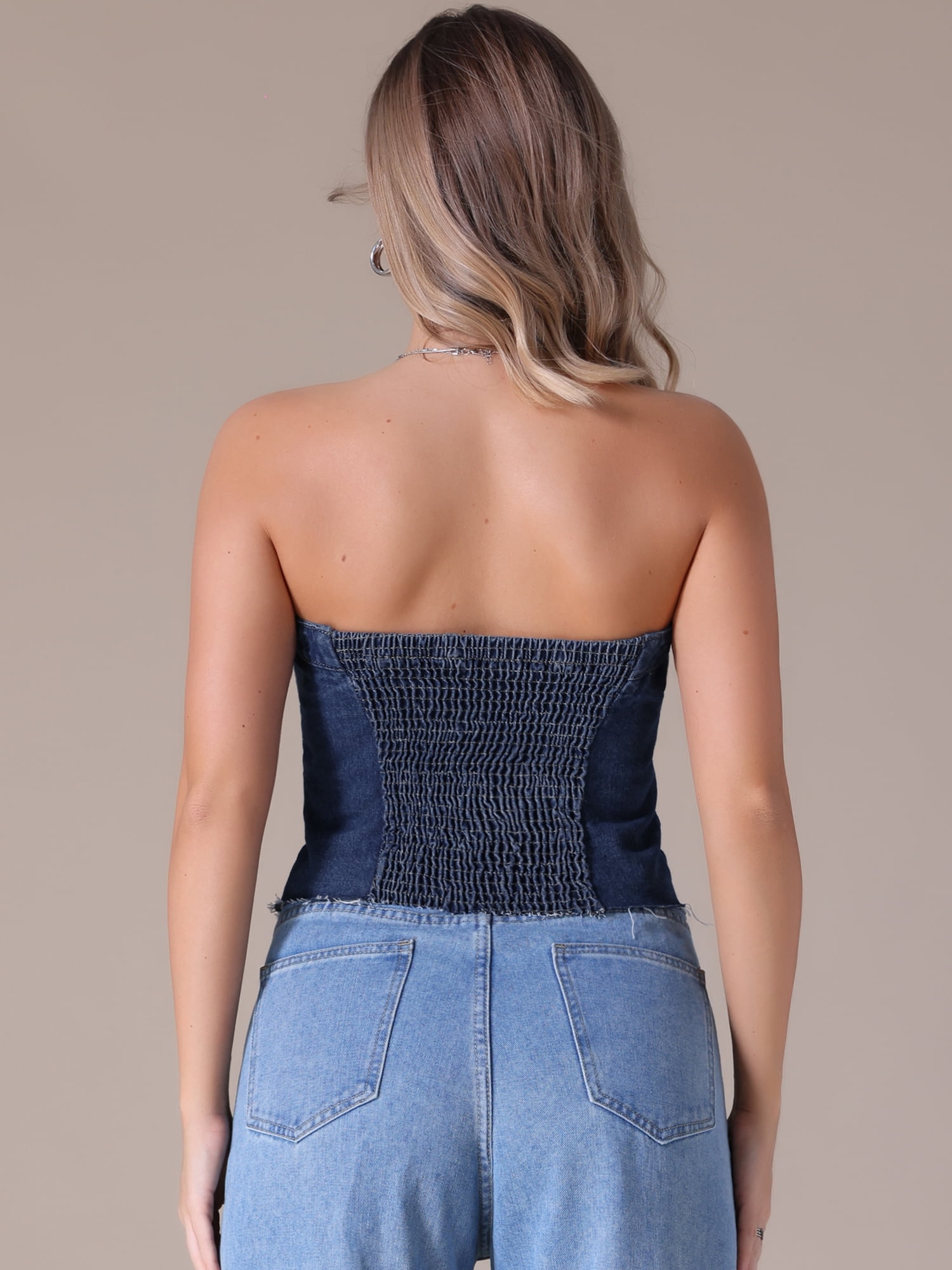 DARING DIVA Denim Tube Button Front Raw Hem Crop Strapless Bandeau Top S Dark Blue