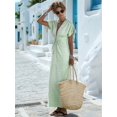 thumbnail image 4 of Women Summer V Neck Drawstring Maxi Dress Elastic Waist Flowy Vacation Dress Light Green S, 4 of 8