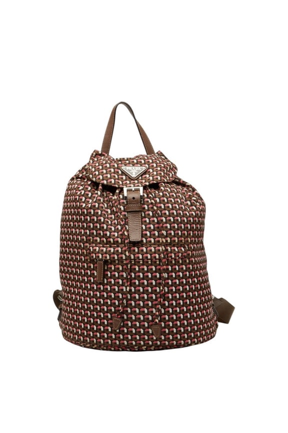 Pre-Owned Prada Triangle Logo Plate Backpack BZ0032 Brown Pink Nylon Leather Women's PRADA