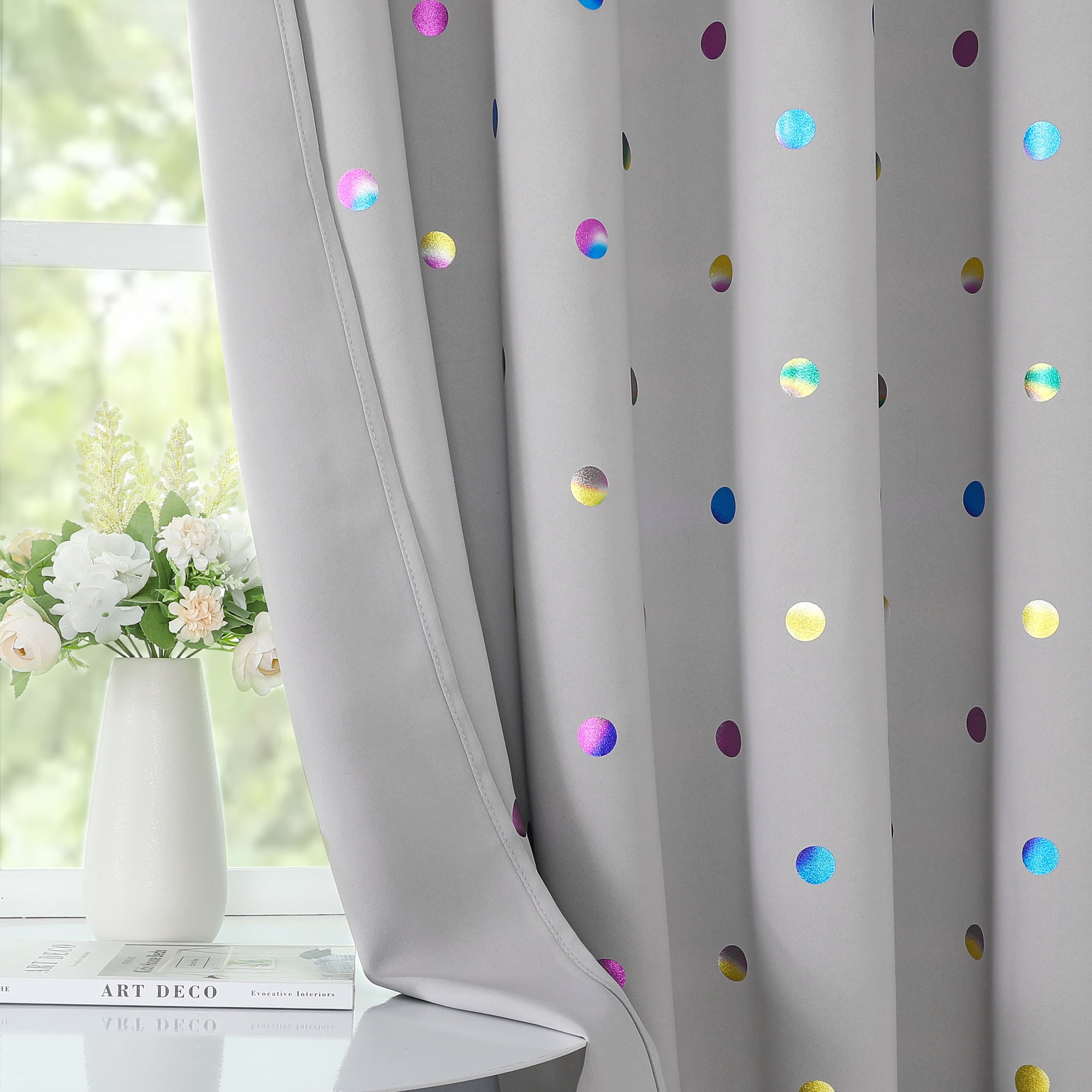 Bazaahm Grey Full Blackout Curtain Panels Set of 2 for Kids Juvenile Bedroom Colorful Metallic Polka Dots Printed Thermal Insulated Grommet Window Drapes, 84"L x 52"W