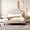 Beige, variant on Full Size Upholstered Platform Bed With Flower Pattern Headboard In Beige - Slats, Warm Bedroom Addition No Foundation Requirement, Stable Resting Surface