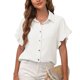 thumbnail image 1 of Camisas con botones para mujer, camisa básica informal con cuello en V y mangas de encaje, camisa básica de poliéster de Color puro para ir de compras, 1 of 6