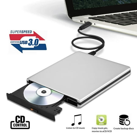 Portable Slim External USB 3.0 DVD CD Drive Burner Reader Player For Laptop PC for Win10/8.1/8/Vista/7/Windows2K/XP/2003, Linux, Mac 10 OS