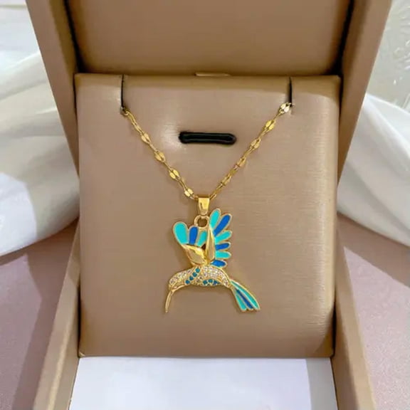 HOOUN Women's Fashion Jewelry Gold Cubic Zircon Blue Hummingbird Pendant Necklace