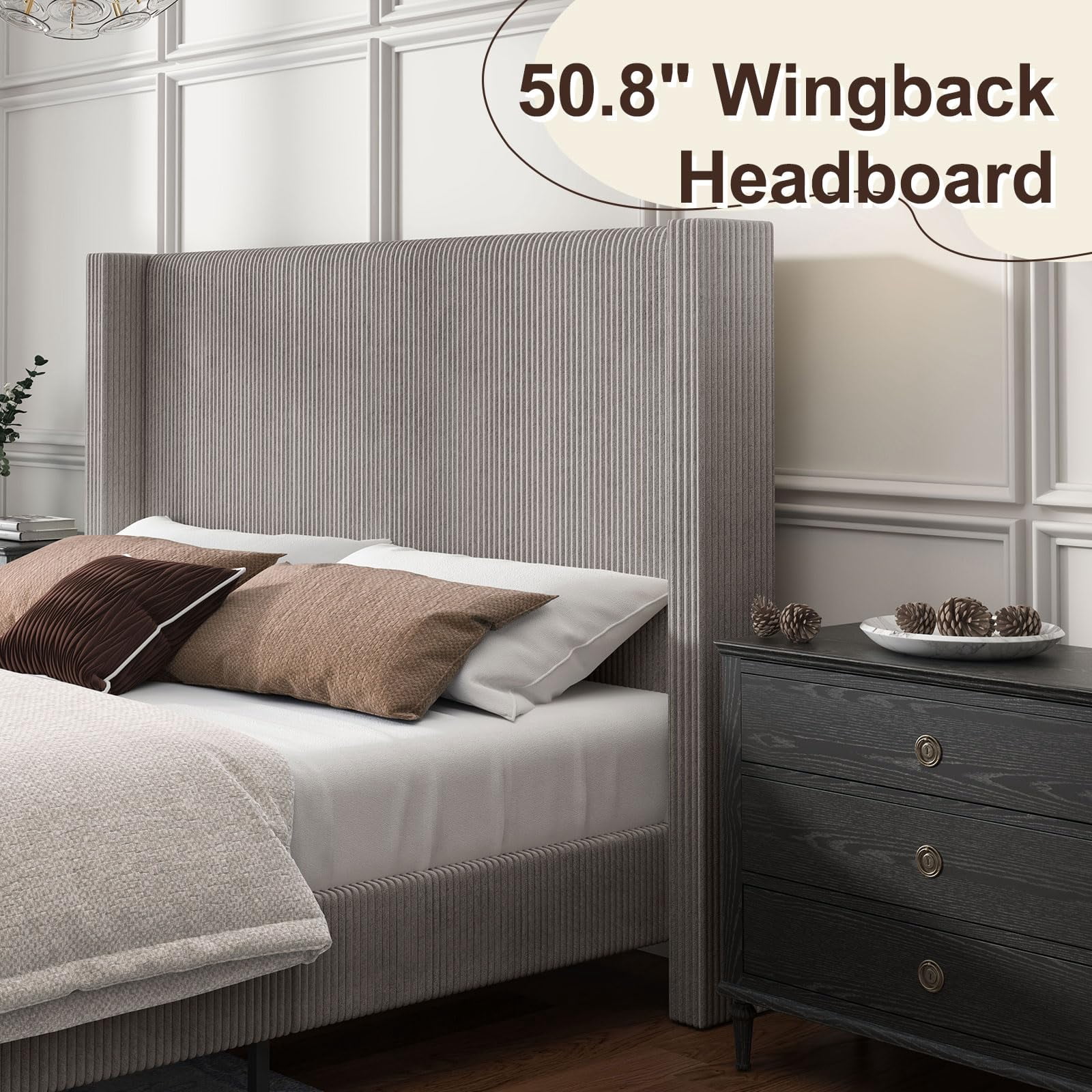 Papajet King Size Upholstered Platform Bed Frame, Wingback Bed with 50.8" Headboard, Corduroy Taupe