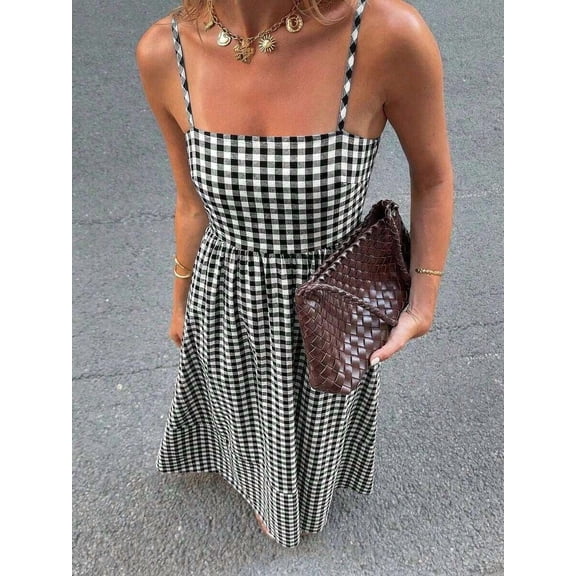 Black And White Gingham Spaghetti Strap Square Neck A-Line Maxi Dress For Women, Casual Vacation Sundress