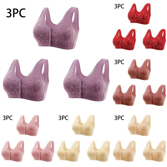 SMihono Stylish 3 Pack Front Closure Daisy Bras for Older Women Push Up Comfortable Bras No Underwire Seniors Full Support Padded Bras Beige L