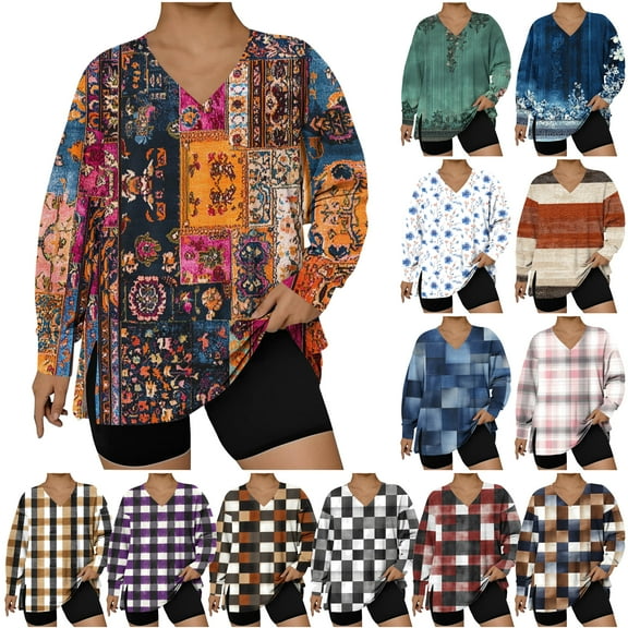 Jinhomg Oversized Graphic T-shirts for Women Side Split Long Sleeve Pullover Tops Lightweight V Neck Sweatshirts Ofertas de hoy Khaki L