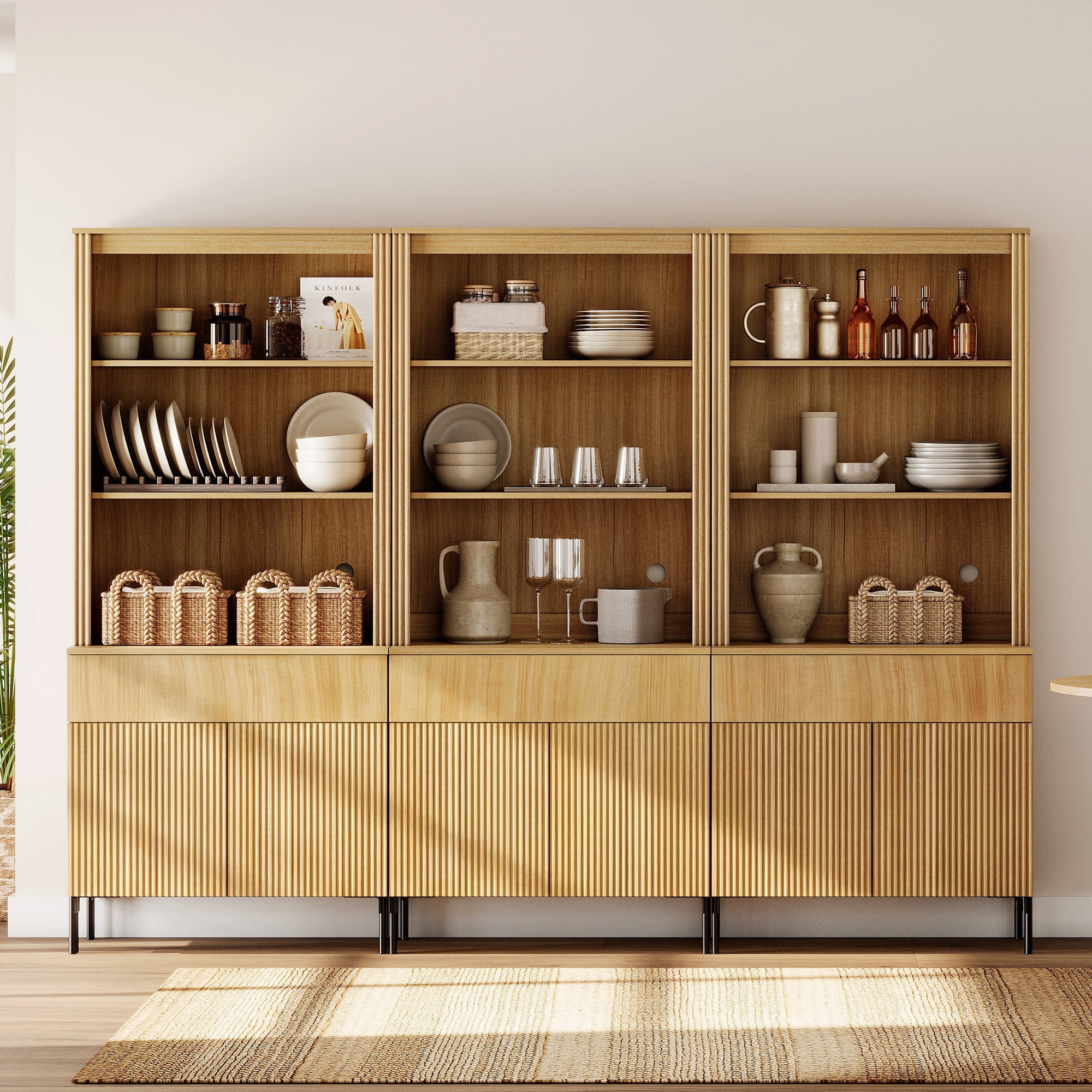 2-In-1 71" Tall Arched Kitchen Pantry Cabinet, Wood Bookcase Display Cabinet With Glass Doors And Adjustable Shelves, Mid-Century Modern Versatile Cupboard For Dining Room, Bedroom