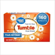 Great Value Ultimate Fresh Fabric Softener Tumble Dryer Sheets, Fresh Air Clean, 160 Count