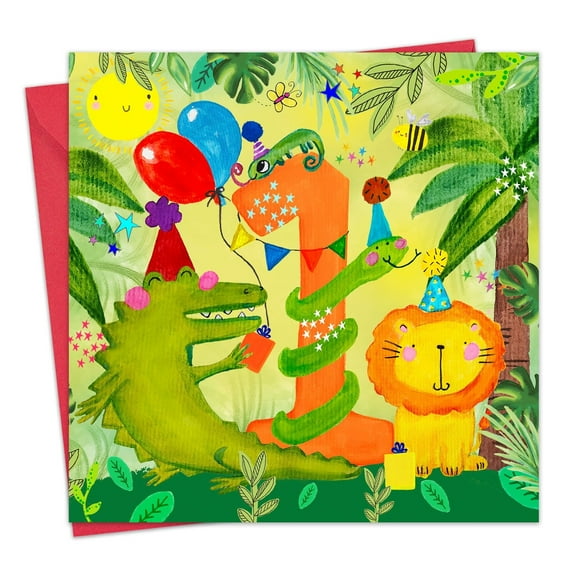 Twizler 1st Birthday Card for Boys - Jungle Animals - Children's Age 1 Happy Birthday Greeting Card for Son Grandson Nephew Kids