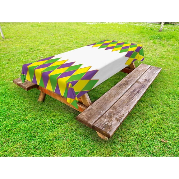 Mardi Gras Outdoor Tablecloth, Carnival Colored Grid Design Diamond Line Pattern Retro Framework, Decorative Washable Fabric Picnic Tablecloth, 58 X 120 Inches, Purple Lime Green Yellow, by Ambesonne
