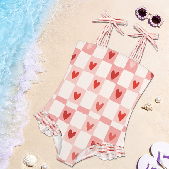 Toddler Girls One Piece Swimsuit, Tie Shoulder Ruffle Bathing Suit, Quick Dry Kids Swimwear for Summer Beach Love in Every Square