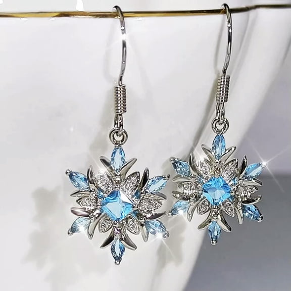 GKNET Luxury Blue Crystal Zircon Snowflake Earrings Drop Dangle Women Wedding Jewelry
