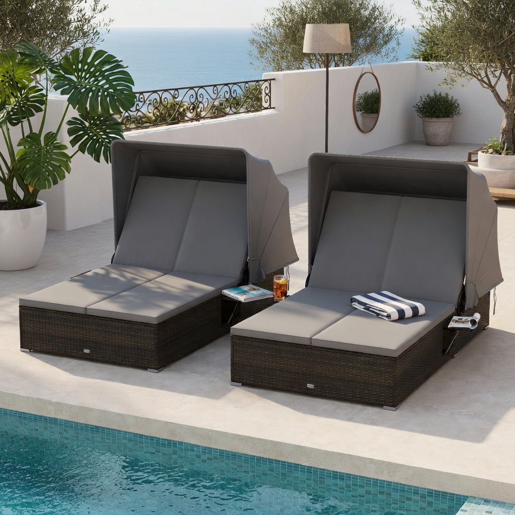 Hommoo Double Chaise Lounge with Adjustable Backrest, Retractable Canopy & Folding Side Tables, PE Rattan Outdoor Patio Lounger for 2, Gray