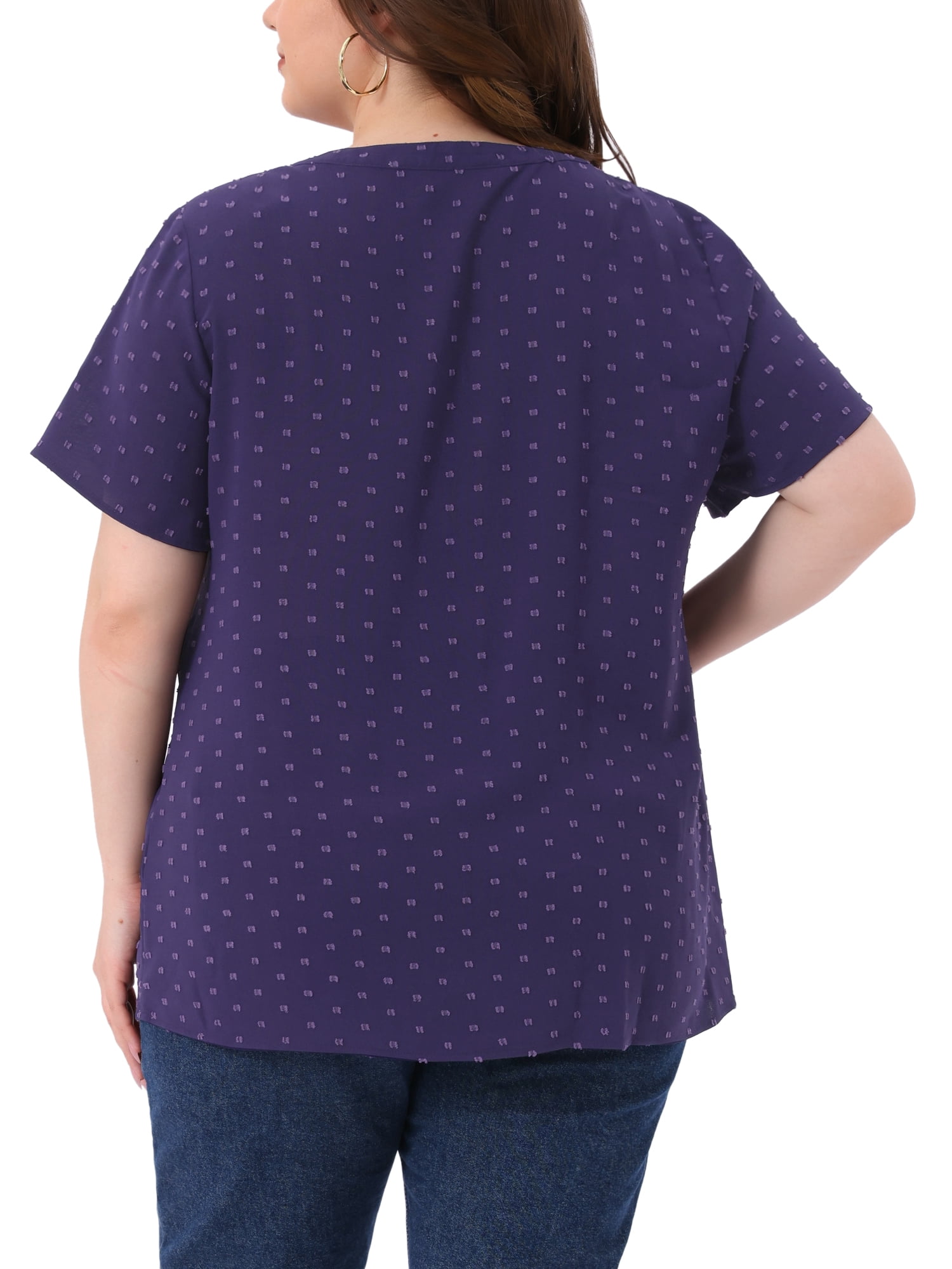 DARING DIVA Women's Plus Swiss Dots Notched Neck Short Sleeve Blouse 1X Dark Blue Purple