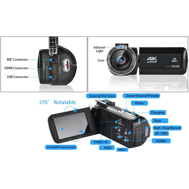 Caméscope 5K 64MP Caméra Vidéo Zoom Numérique 18X WiFi Webcam,à Vision Nocturne IR Caméra Pour