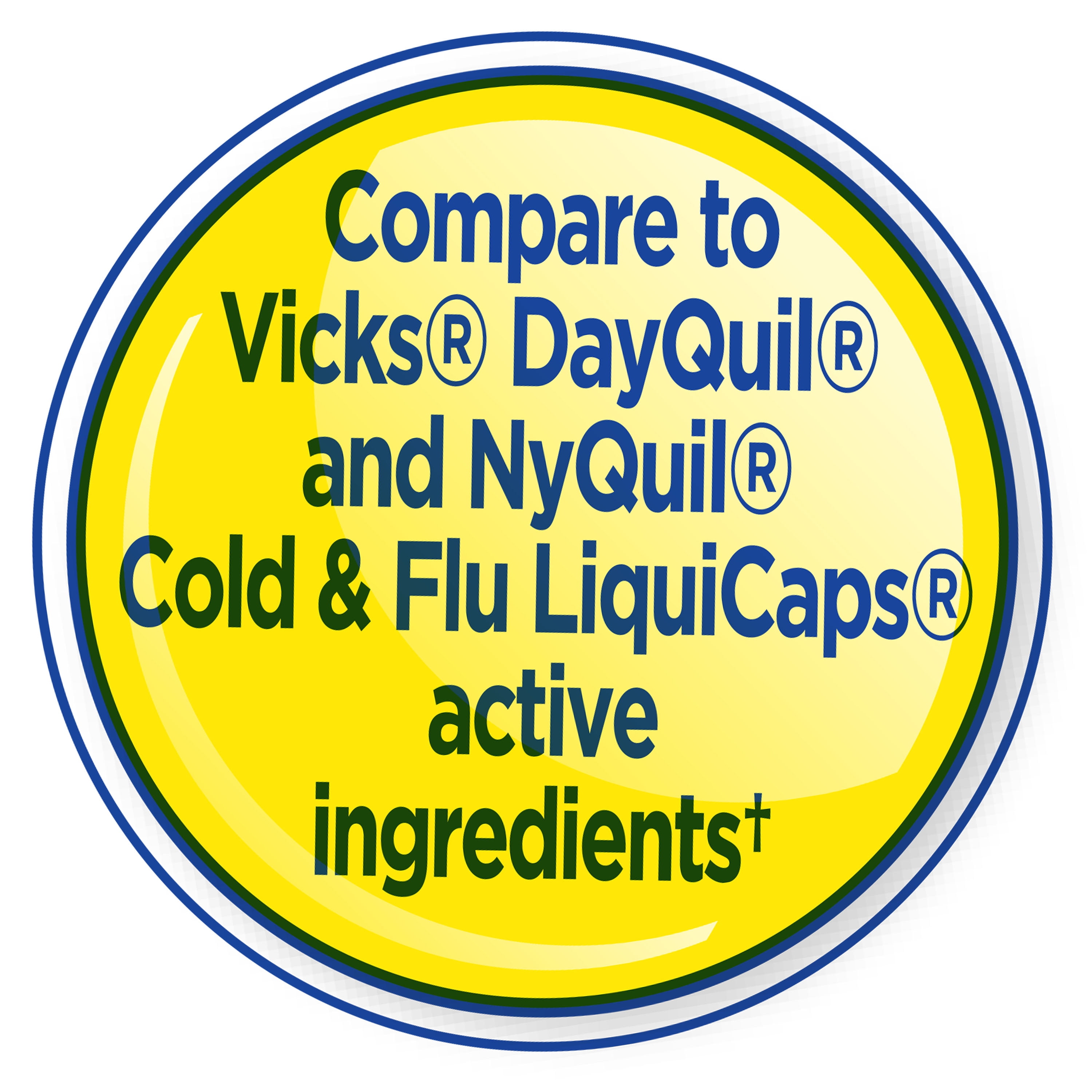 Equate Daytime, Nighttime Alcohol-Free 325 mg, Compare to Vicks® Dayquil® and Nyquil Cold & Flu Liquicaps Active Ingredients