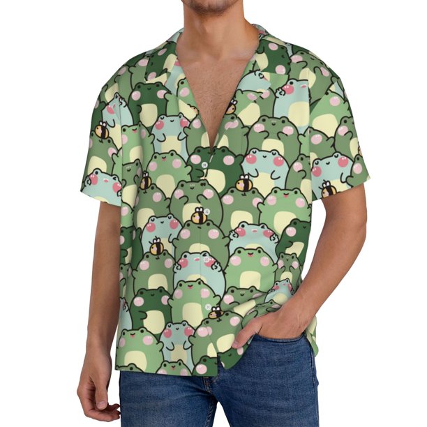 Fotbe Cute Frog Camisa Estampada de Manga Corta para Hombre, Casual de Verano, Estilo Playero, Sin Arrugas-4X-Large