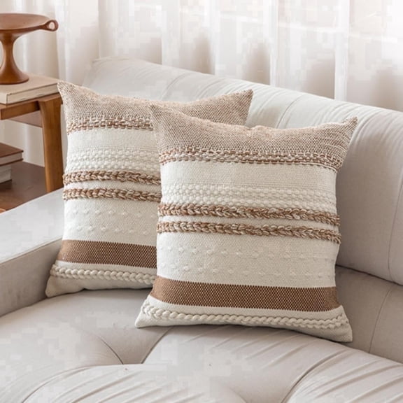 FTCBJJA Set of 2 Farmhouse Throw Pillow Covers 18x18 Striped Neutral Decorative Pillows Cushion Case for Sofa Couch Chair Bedroom Modern Decor, Brown and Off White