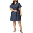 thumbnail image 5 of Unique Bargains Women's Plus Wrap Belted Turndown Collar Chambray Dress 1X Black Blue, 5 of 7