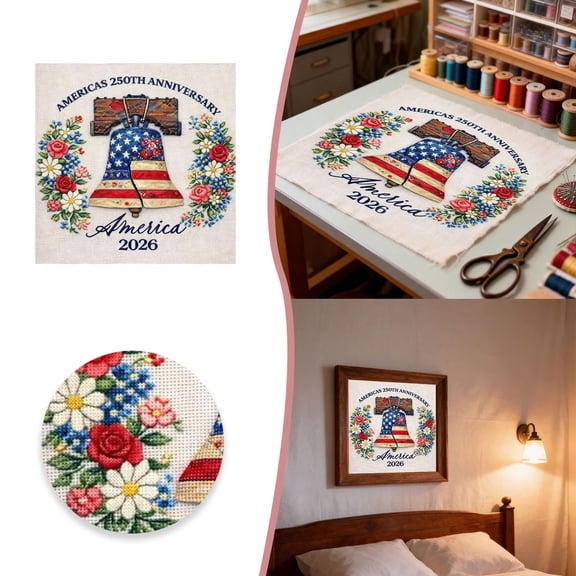 Homesteed America 250th Anniversary Stamped Cross Stitch Kit Pre Printed Patriotic Embroidery Kit for Beginners Adults DIY USA Decor