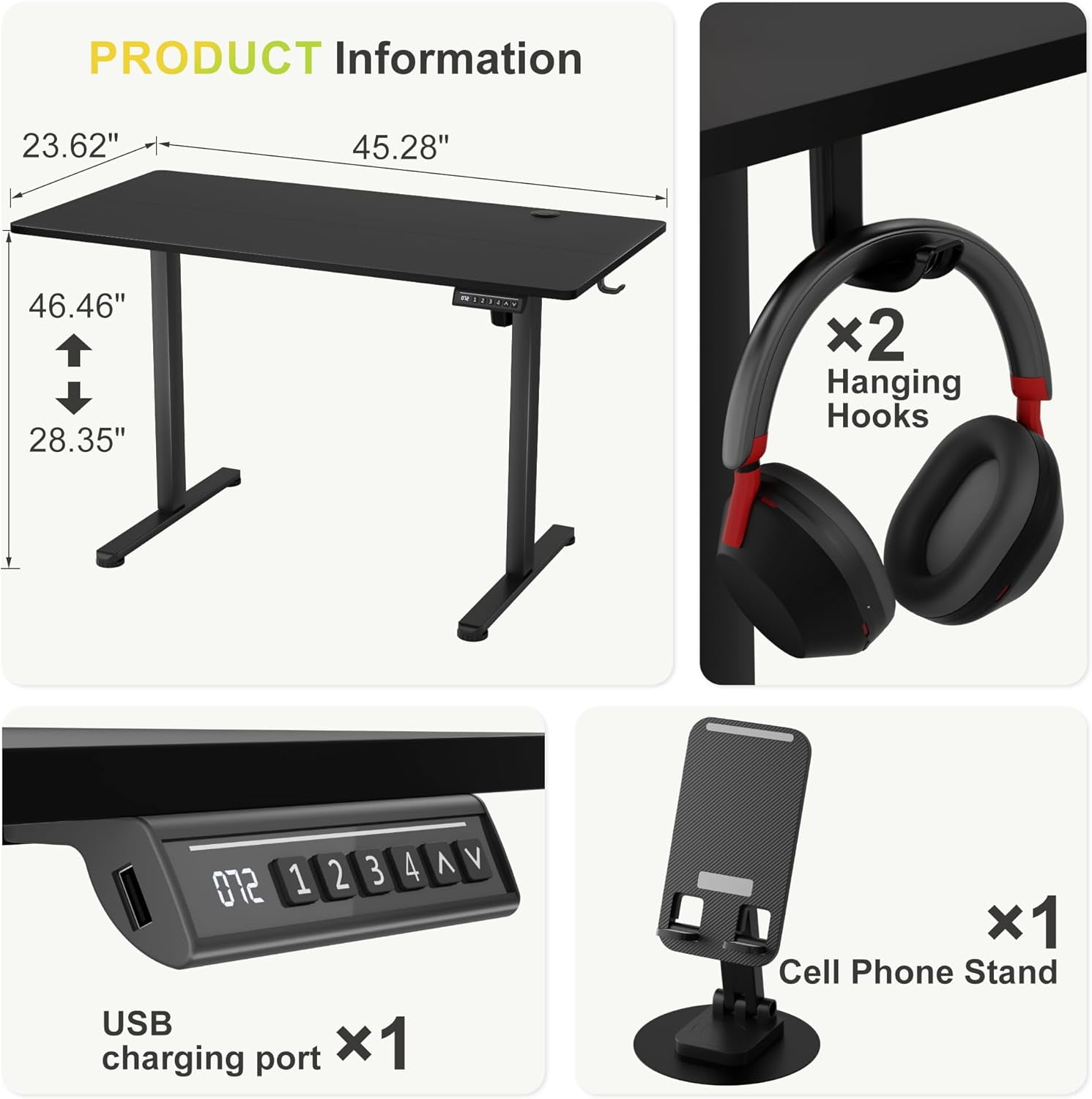 JessieMal Electric Standing Desk, 45 x 24 Inches Sit Stand up Desk, Sit Stand Height Adjustable Home Office Desk with 4 Height Position Memory - with Splice Board (Black, 45)