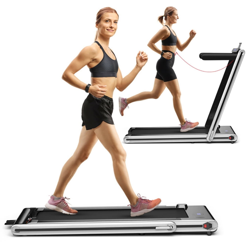 Topcobe 2-in-1 Folding Treadmill with Dual LED Display, Under Desk Walking Pad Treadmill, Walking Pad for Home, Silver