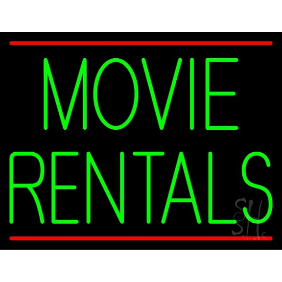 Green Movie Rentals With Line LED Neon Sign 15" Tall x 19" Wide - inches Black Square Cut Acrylic Backing, with Dimmer - Premium built indoor Sign for Storefront, Store interior.