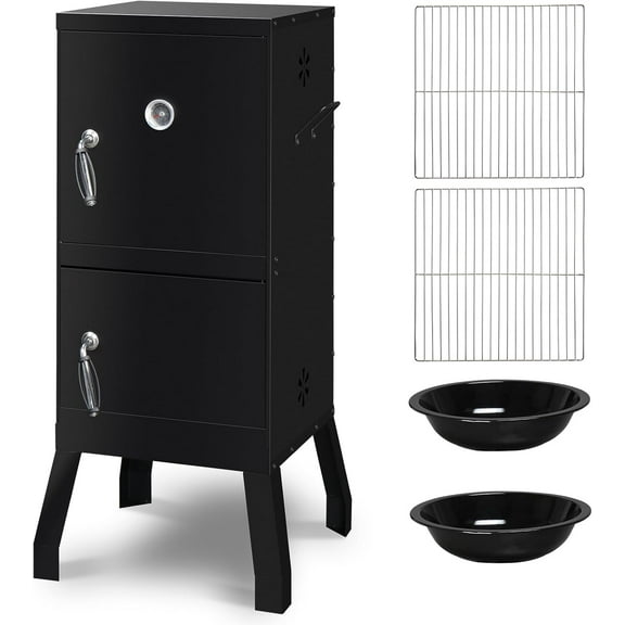 ROVSUN 2-in-1 Outdoor Smoker with Double Doors, Vertical Portable Charcoal Grill with Two Detachable Grill Smoking Racks and Charcoal Pan, Perfect for Camping Barbecue, Black