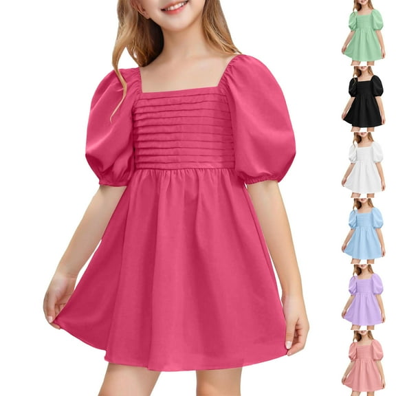 Axiiglly Girls Dresses Summer Puff Sleeve Dresses Square Neck Mini Dress Solid Color Casual Boho Dresses