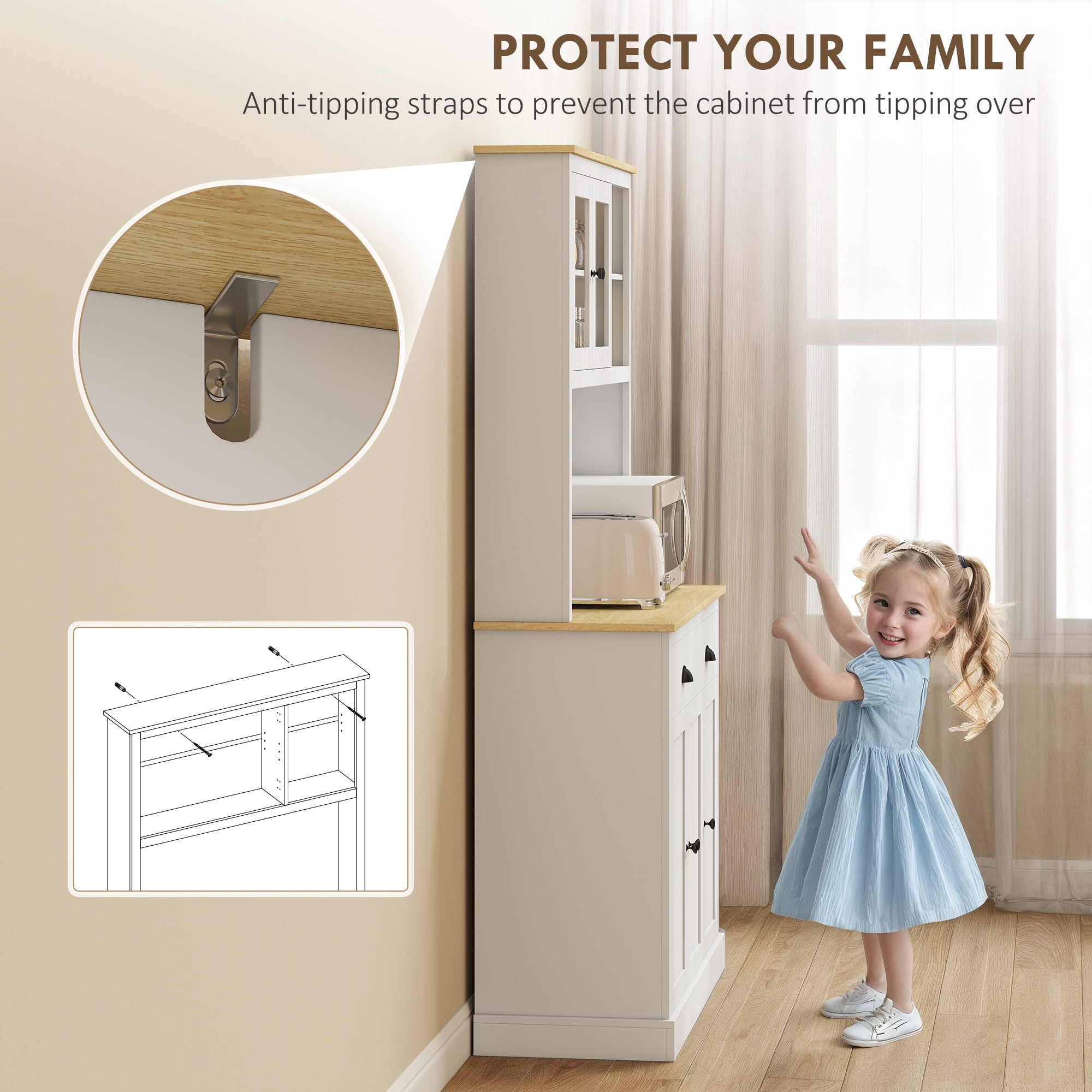 HOMCOM Freestanding Kitchen Cabinet with Wide Countertop, Tall Pantry Cabinet with Adjustable Shelves, Modern Hutch for Dining Room, White