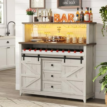 Leaglojoy Farmhouse Wine Bar Cabinet with Sliding Bar Door and Led Lights, Sideboard with 2 Layers Tabletops, Wine and Glass Racks, 2 Storage Cabinets with Adjustable Shelf, 3 Drawers, Rustic White
