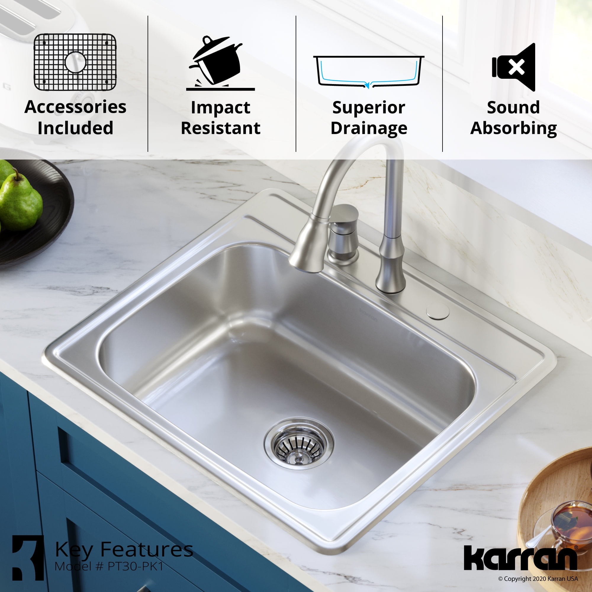 Karran 25" Top Mount 18-Gauge Stainless Steel Single Bowl Kitchen Sink Kit