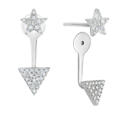 Tilo Jewelry .925 Sterling Silver Star & Triangle 2 In 1 Dangle Stud Earrings with Cubic Zirconia CZ Stones for Women & Unisex