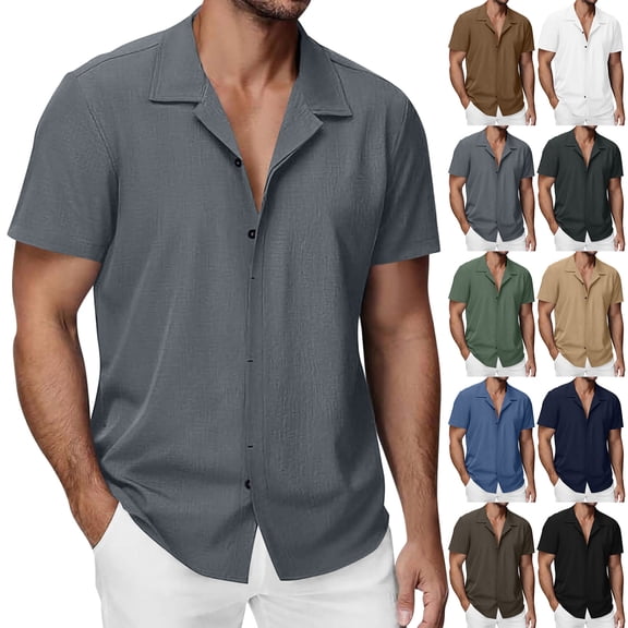 Mutghys Button-up Shirt Men Solid Color Loose Lapel Short Sleeve T-Shirts Soft Lightweight Breathable Outdoor Activities Business Casual Tops