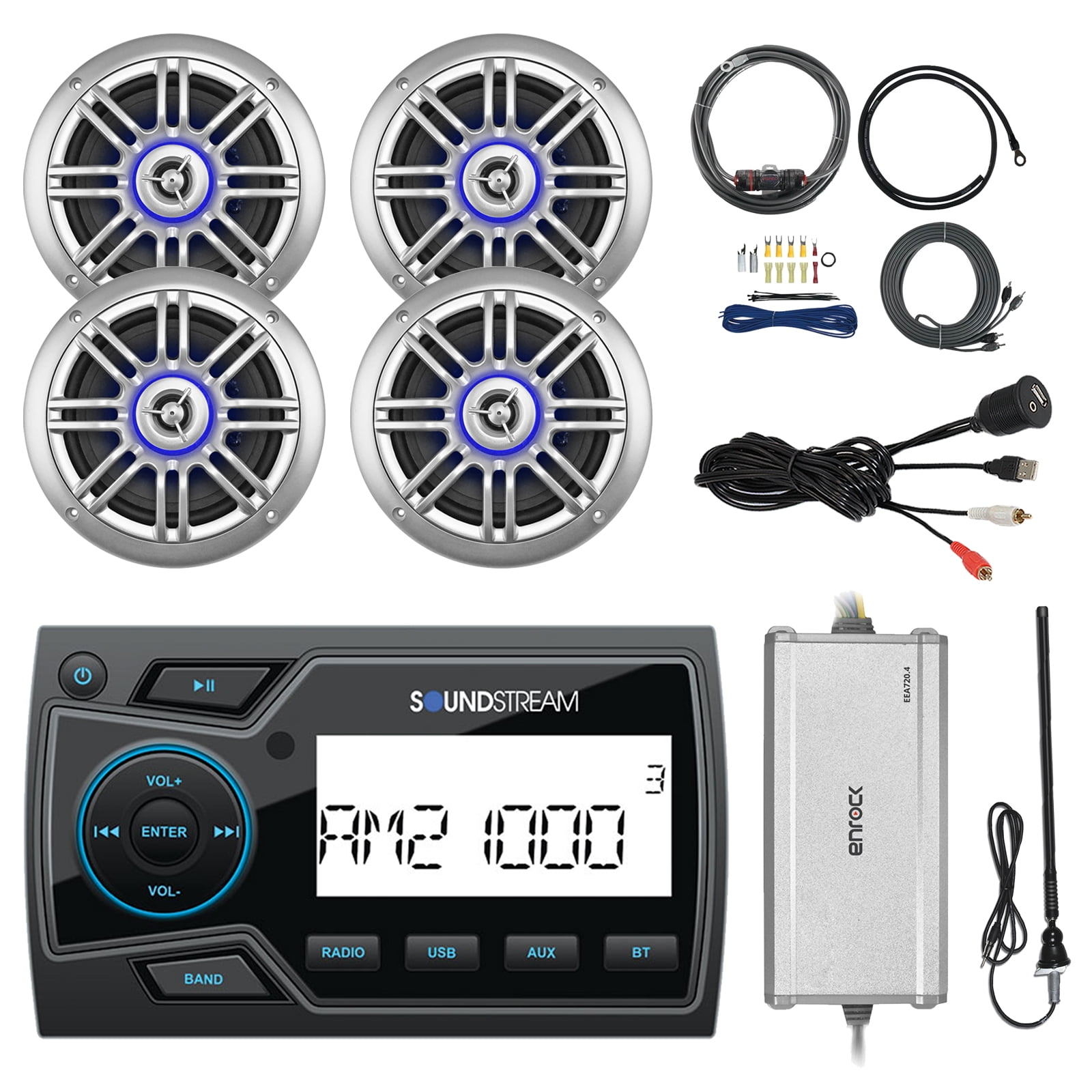 Soundstream 2" Marine USB Bluetooth Digital Media Receiver, 4x Millenia 6.5" Speakers, Enrock 4