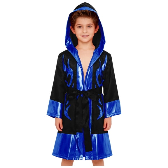 Haitryli Kids Boys Boxer Themed Outfit Boxing Training Outfit Satin Metallic Hooded Boxing Robes Cloak with Belt Black Blue 12
