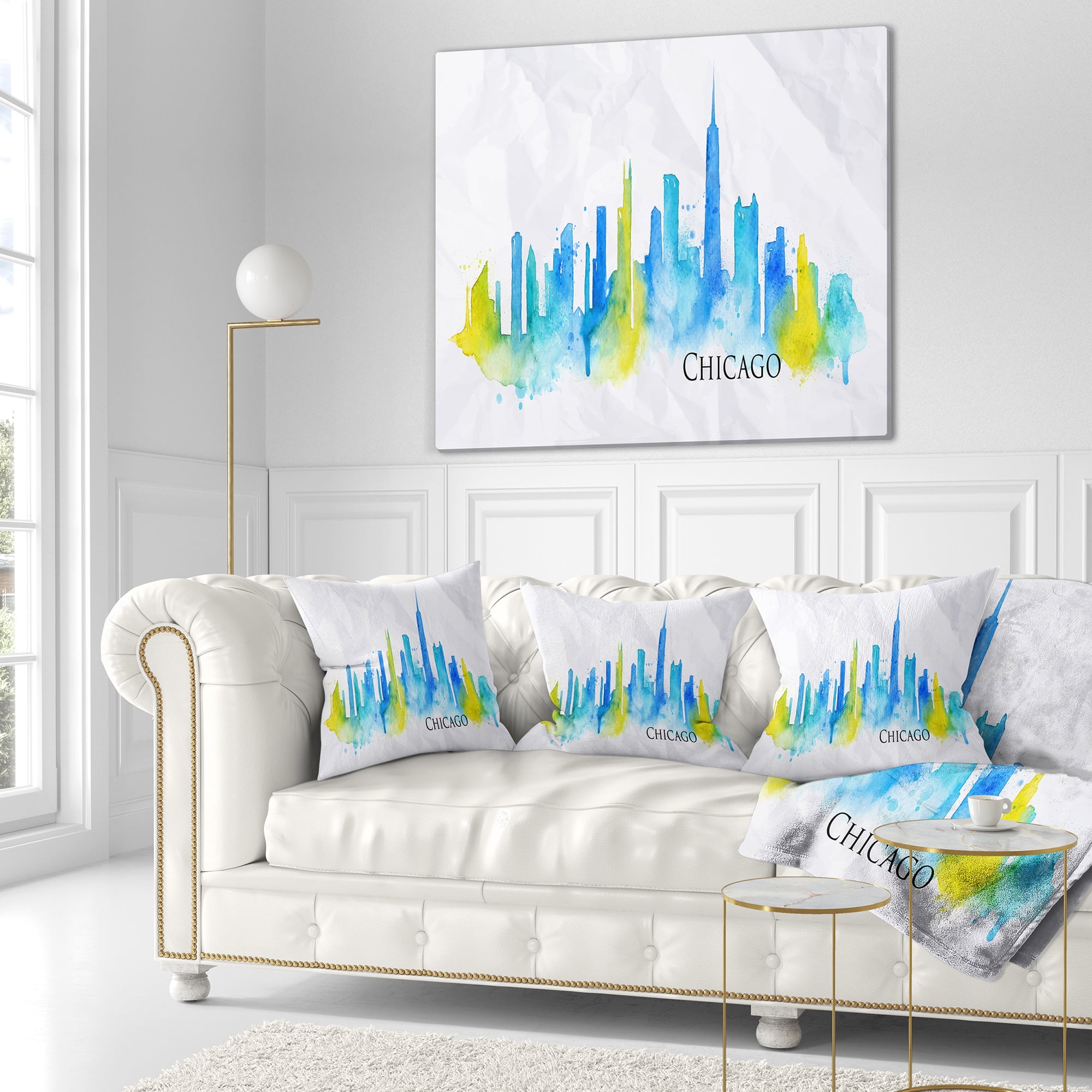 Designart Chicago Blue Green Silhouette - Cityscape Throw Pillow - 18x18