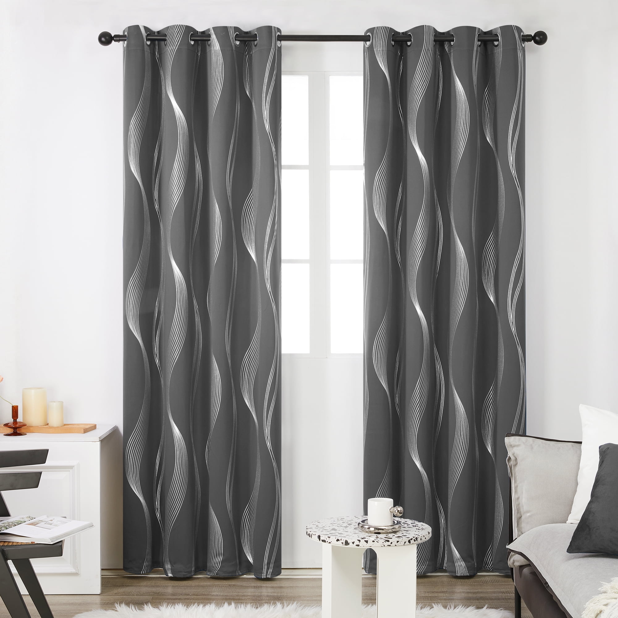 Deconovo Jacquard Luxurious Pattern Curtains with Rod Pocket Window Panels for Kids Room Grey-Wave 52X84Inch