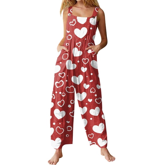 Fgvctg Valentine's Day Womens Overalls Wide Leg Pant Holiday Love Heart Print Overall Sleeveless Rompers Spaghetti Straps Jumpsuit Plus Size Bib Overalls Sprimg Clothes With Pockets Watermelon Red L