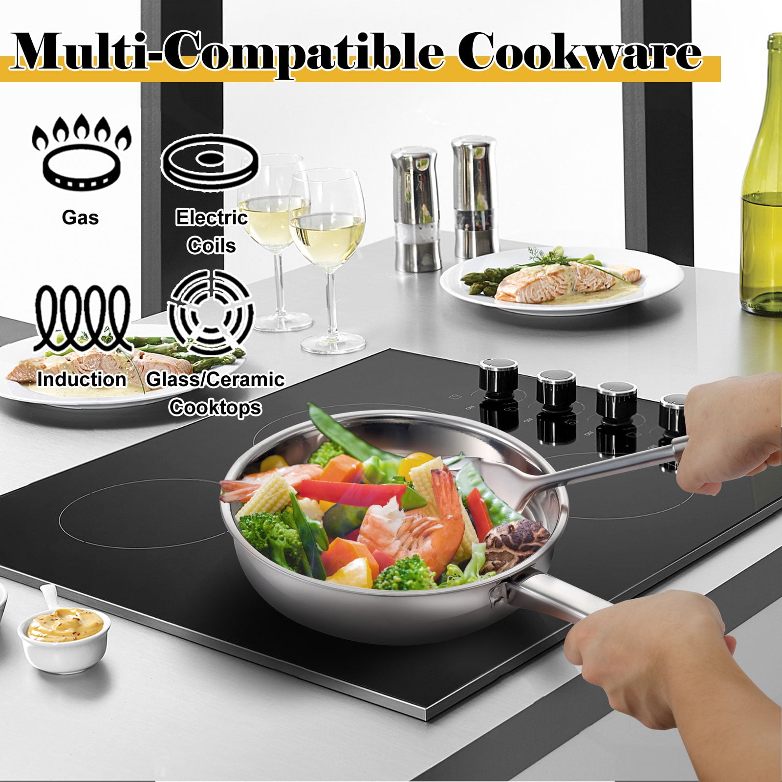 Bestdin 12 Pieces  Cookware Set Nonstick, Stainless Steel Pots and Pans Set for Kitchen with Frying Pan, Sauce Pan, Pots and Pans for Cooking, Dishwasher Safe, Silver