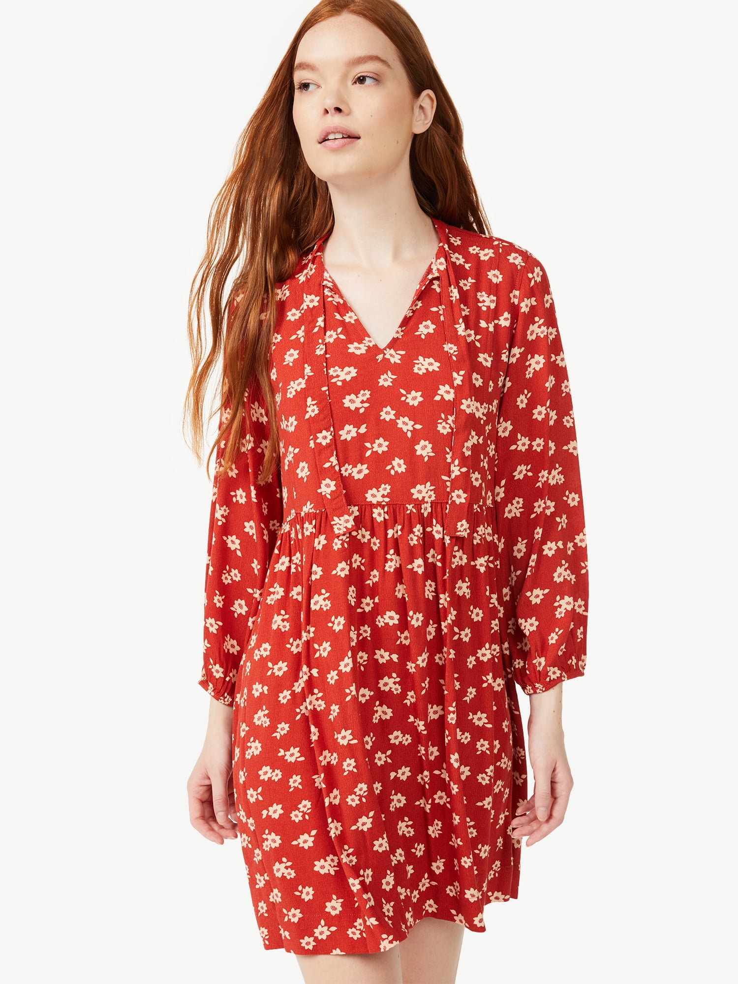 Free Assembly Women's Tie Neck Swing Dress with Long Sleeves