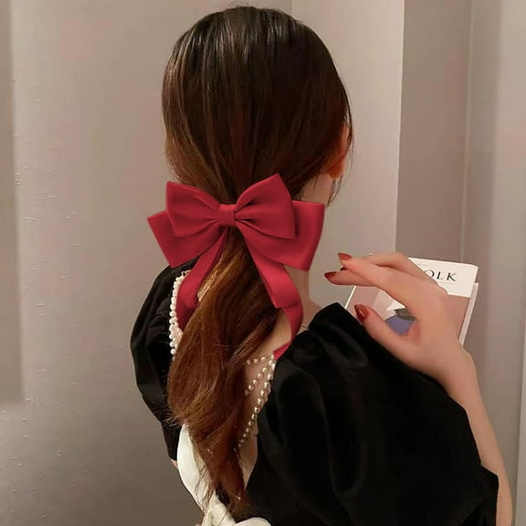 Hair Bow Clips, Christmas Hair Bows, Satin Ribbon Bow Hair Clips for Women Girls, Soft and Sturdy Hair Accessories with Long Tassel for Ponytails Braids and Daily Wear