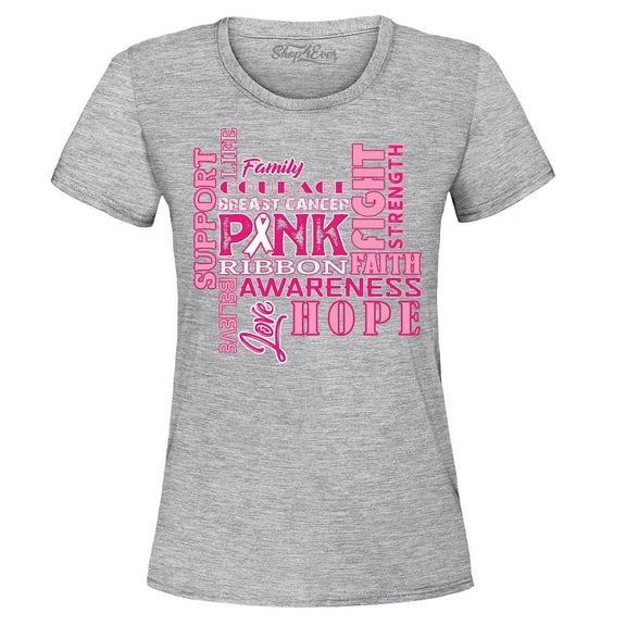 Shop4Ever Women's Breast Cancer Support Fight Ribbon Awareness Graphic T-Shirt Small Sports Grey