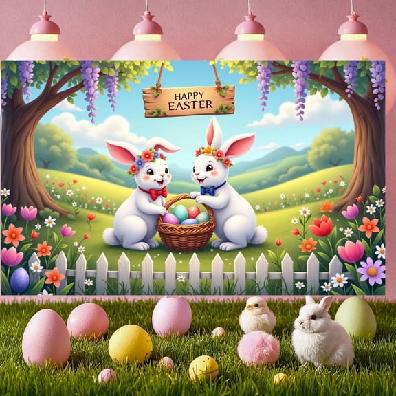 Bunny Theme Happy Easter Banner Colorful Eggs Easter Bunny Display Floral Design Spring Easter Egg Backdrop for Easter Party Spring Celebration Family Gathering