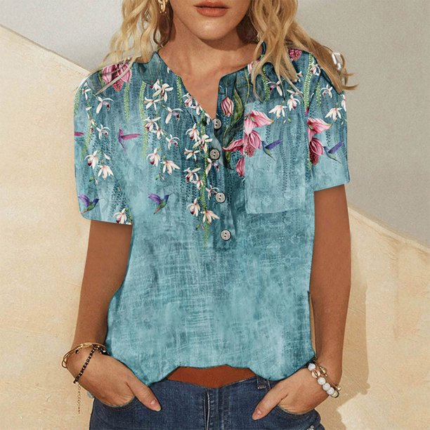 ICHUANYI Clearance Fashion Women Round Neck Short Sleeve Print Button Pocket Casual Tops(Blue, L) ICHUANYI WER2023081200311